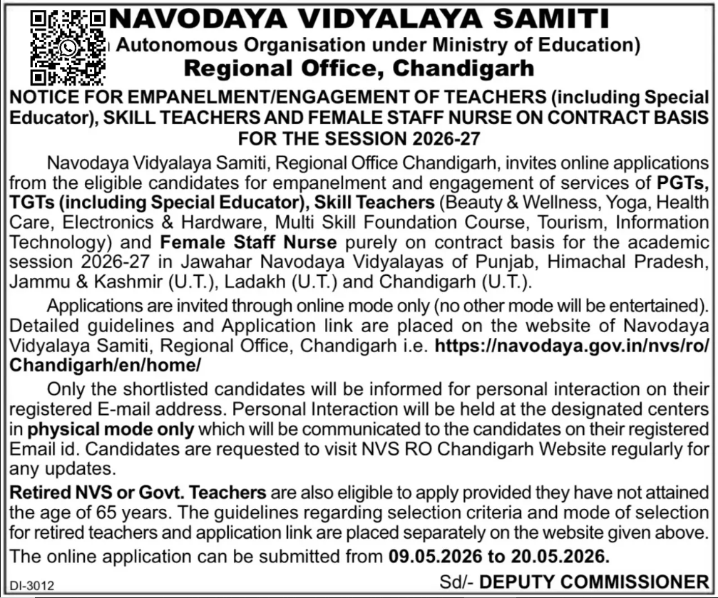 NVS Chandigarh Teachers Recruitment 2026 apply